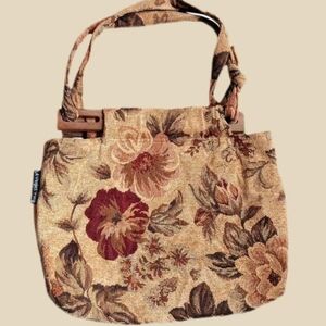 80s 90s Vintage Tapestry Handbag, Shoulder Purse, Floral Woven & Wood, Cottage